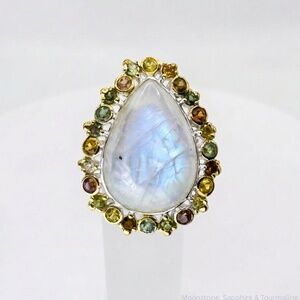 Handmade Moonstone Halo Ring Jewelry Making Supply 925 Gold Sz 9 Resizable